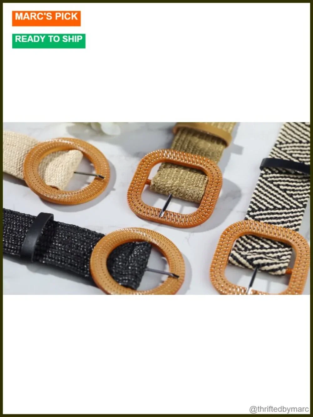 Set of 4 Elastic Raffia Woven Belts with Rattan Buckle for Dresses